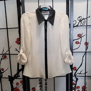 Alice + Olivia Silk Blouse Leather Collar Tuxedo Colorblock